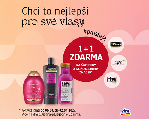 EXTRA akce 1+1 na šampony a kondicionéry značek Ogx, Prostyletech a Mani